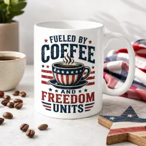 Fueled By Coffee And Freedom Units patriotic coffee mug with red white blue design