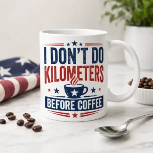 I Don’t Do Kilometers Before Coffee patriotic mug with red white blue design