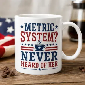 Metric System Never Heard Of Her patriotic coffee mug with red white blue design