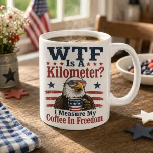 WTF Is A Kilometer patriotic eagle coffee mug with freedom units design